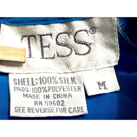 Tess Vintage M Cobalt Blue Silk Short Sleeve Blouse Minimalist Office Summer Top - Picture 7 of 9